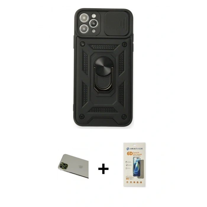 MARSİLYAN™- iPhone 11 Pro Max Kılıf Ahenk Klasik - Siyah 6D Mat Seramik Hayalet Nano Ekran Koruyucu + Rainbow Kamera Lens Koruma Cam - YL