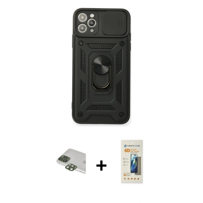 MARSİLYAN™- iPhone 11 Pro Max Kılıf Ahenk Klasik - Siyah 6D Mat Seramik Hayalet Nano Ekran Koruyucu + Pers Alüminyum Kamera Lens - YL