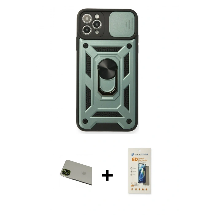 MARSİLYAN™- iPhone 11 Pro Max Kılıf Ahenk Klasik - Siyah 6D Mat Seramik Hayalet Nano Ekran Koruyucu + Rainbow Kamera Lens Koruma Cam - YL