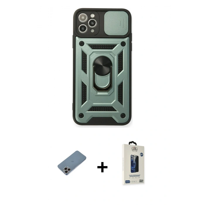 MARSİLYAN™- iPhone 11 Pro Max Kılıf Ahenk Klasik - Siyah Bilvis Hayalet Cam Ekran Koruyucu + Shine Kamera Lens Koruma Cam - GI