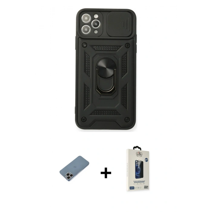 MARSİLYAN™- iPhone 11 Pro Max Kılıf Ahenk Klasik - Siyah Bilvis Hayalet Cam Ekran Koruyucu + Shine Kamera Lens Koruma Cam - GI