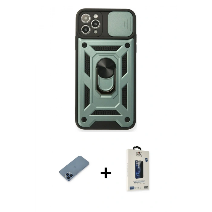 MARSİLYAN™- iPhone 11 Pro Max Kılıf Ahenk Klasik - Siyah Bilvis Hayalet Cam Ekran Koruyucu + Metal Kamera Lens Koruma Cam - MI