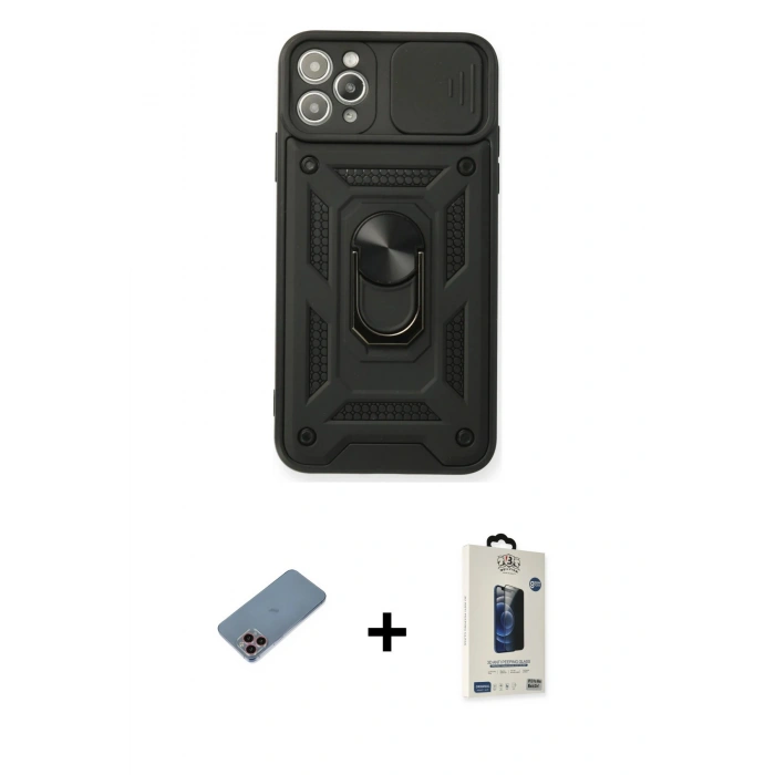 MARSİLYAN™- iPhone 11 Pro Max Kılıf Ahenk Klasik - Siyah Bilvis Hayalet Cam Ekran Koruyucu + Shine Kamera Lens Koruma Cam - PE