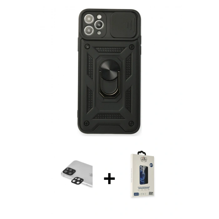 MARSİLYAN™- iPhone 11 Pro Max Kılıf Ahenk Klasik - Siyah Bilvis Hayalet Cam Ekran Koruyucu + Pers Alüminyum Kamera Lens - SH