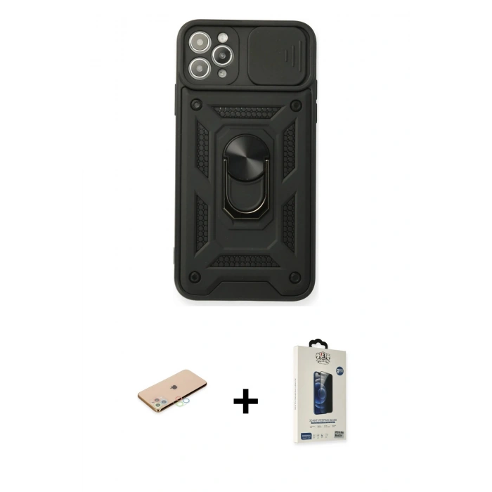 MARSİLYAN™- iPhone 11 Pro Max Kılıf Ahenk Klasik - Siyah Bilvis Hayalet Cam Ekran Koruyucu + Renkli Kamera Lens Koruma Cam - MI