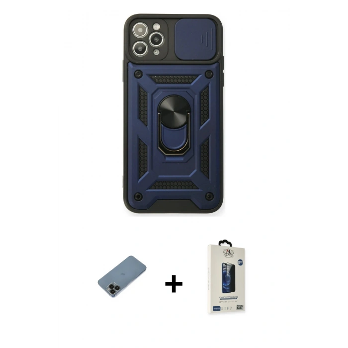 MARSİLYAN™- iPhone 11 Pro Max Kılıf Ahenk Klasik - Siyah Bilvis Hayalet Cam Ekran Koruyucu + Shine Kamera Lens Koruma Cam - SH
