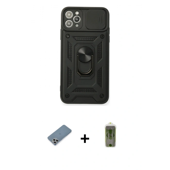 MARSİLYAN™- iPhone 11 Pro Max Kılıf Ahenk Klasik - Siyah Joko Magic 5D Hayalet Cam + Metal Kamera Lens Koruma Cam - GS