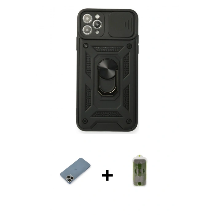 MARSİLYAN™- iPhone 11 Pro Max Kılıf Ahenk Klasik - Siyah Joko Magic 5D Hayalet Cam + Metal Kamera Lens Koruma Cam - GD