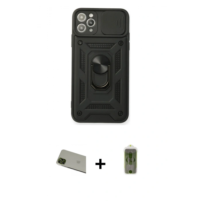 MARSİLYAN™- iPhone 11 Pro Max Kılıf Ahenk Klasik - Siyah Joko Magic 5D Hayalet Cam + Rainbow Kamera Lens Koruma Cam - YL