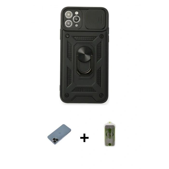 MARSİLYAN™- iPhone 11 Pro Max Kılıf Ahenk Klasik - Siyah Joko Magic 5D Hayalet Cam + Shine Kamera Lens Koruma Cam - SH