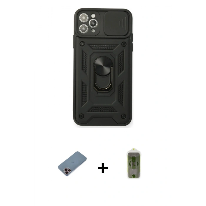 MARSİLYAN™- iPhone 11 Pro Max Kılıf Ahenk Klasik - Siyah Joko Magic 5D Hayalet Cam + Shine Kamera Lens Koruma Cam - PE