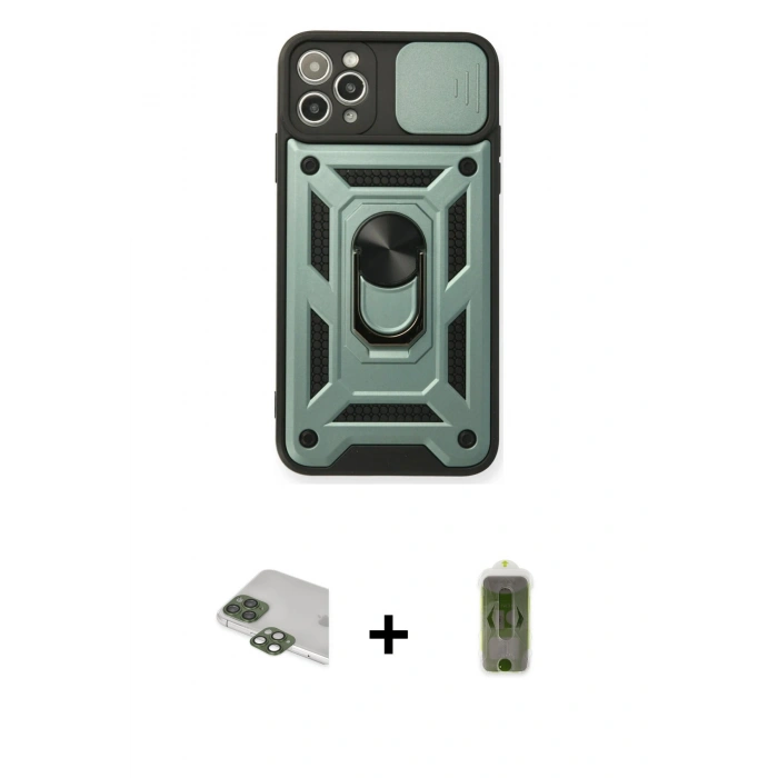 MARSİLYAN™- iPhone 11 Pro Max Kılıf Ahenk Klasik - Siyah Joko Magic 5D Hayalet Cam + Yeşil Pers Alüminyum Kamera Lens