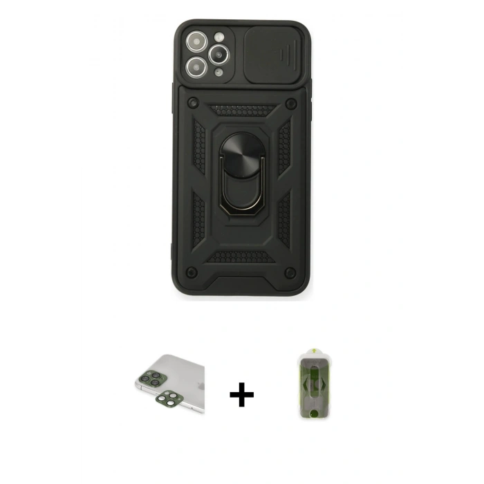 MARSİLYAN™- iPhone 11 Pro Max Kılıf Ahenk Klasik - Siyah Joko Magic 5D Hayalet Cam + Yeşil Pers Alüminyum Kamera Lens