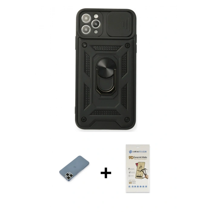 MARSİLYAN™- iPhone 11 Pro Max Kılıf Ahenk Klasik - Siyah Mat Seramik Nano Ekran Koruyucu + Metal Kamera Lens Koruma Cam - AKYL