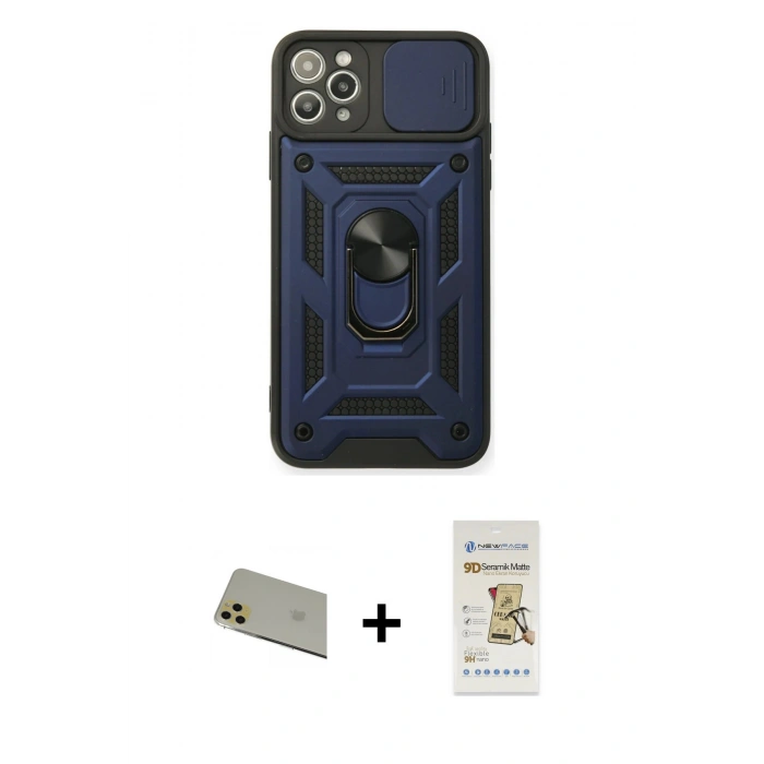 MARSİLYAN™- iPhone 11 Pro Max Kılıf Ahenk Klasik - Siyah Mat Seramik Nano Ekran Koruyucu + Rainbow Kamera Lens Koruma Cam - GD