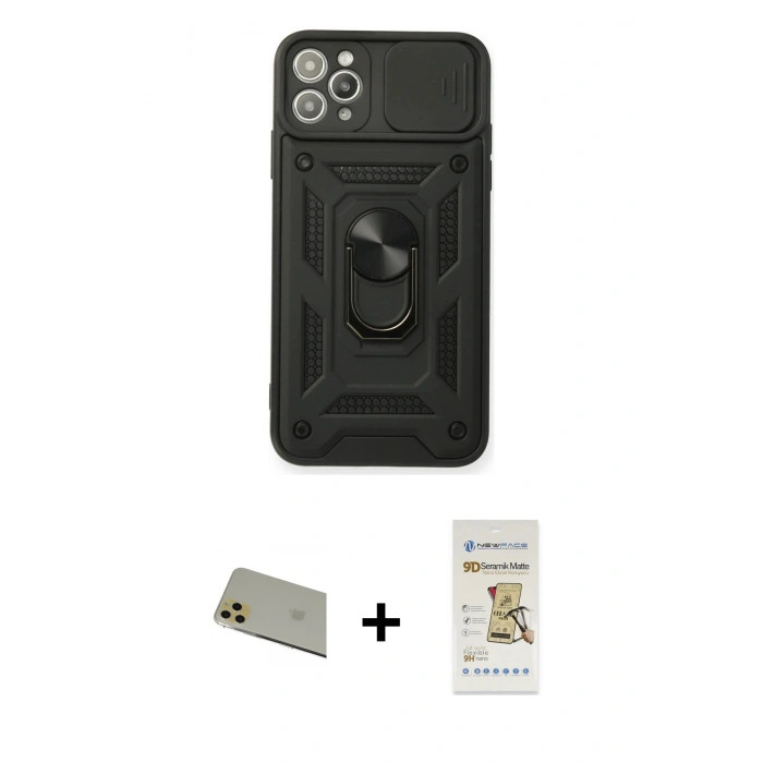 MARSİLYAN™- iPhone 11 Pro Max Kılıf Ahenk Klasik - Siyah Mat Seramik Nano Ekran Koruyucu + Rainbow Kamera Lens Koruma Cam - GD