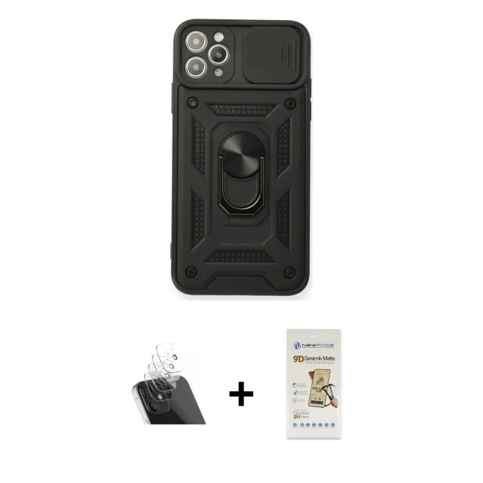 MARSİLYAN™- iPhone 11 Pro Max Kılıf Ahenk Klasik - Siyah Mat Seramik Nano Ekran Koruyucu + Kamera Lens Koruma Cam - SF