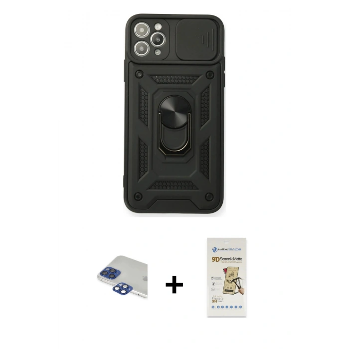 MARSİLYAN™- iPhone 11 Pro Max Kılıf Ahenk Klasik - Siyah Mat Seramik Nano Ekran Koruyucu + Pers Alüminyum Kamera Lens - LT