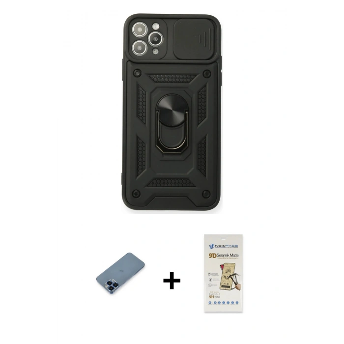 MARSİLYAN™- iPhone 11 Pro Max Kılıf Ahenk Klasik - Siyah Mat Seramik Nano Ekran Koruyucu + Metal Kamera Lens Koruma Cam - MI