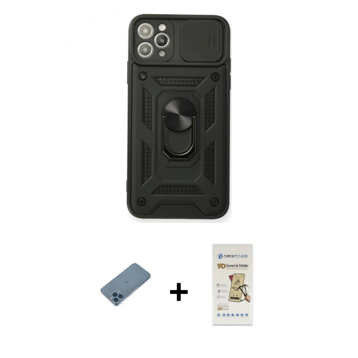 MARSİLYAN™- iPhone 11 Pro Max Kılıf Ahenk Klasik - Siyah Mat Seramik Nano Ekran Koruyucu + Shine Kamera Lens Koruma Cam - MI