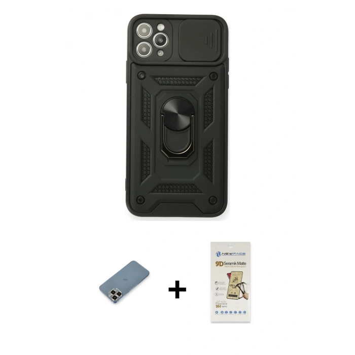 MARSİLYAN™- iPhone 11 Pro Max Kılıf Ahenk Klasik - Siyah Mat Seramik Nano Ekran Koruyucu + Metal Kamera Lens Koruma Cam - GD