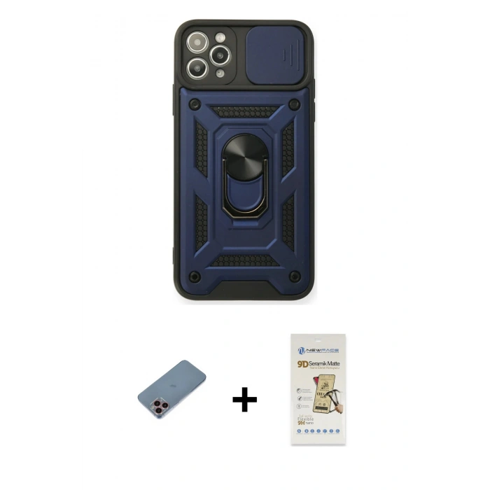MARSİLYAN™- iPhone 11 Pro Max Kılıf Ahenk Klasik - Siyah Mat Seramik Nano Ekran Koruyucu + Shine Kamera Lens Koruma Cam - PE