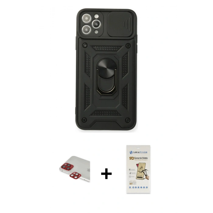 MARSİLYAN™- iPhone 11 Pro Max Kılıf Ahenk Klasik - Siyah Mat Seramik Nano Ekran Koruyucu + Pers Alüminyum Kamera Lens - KI