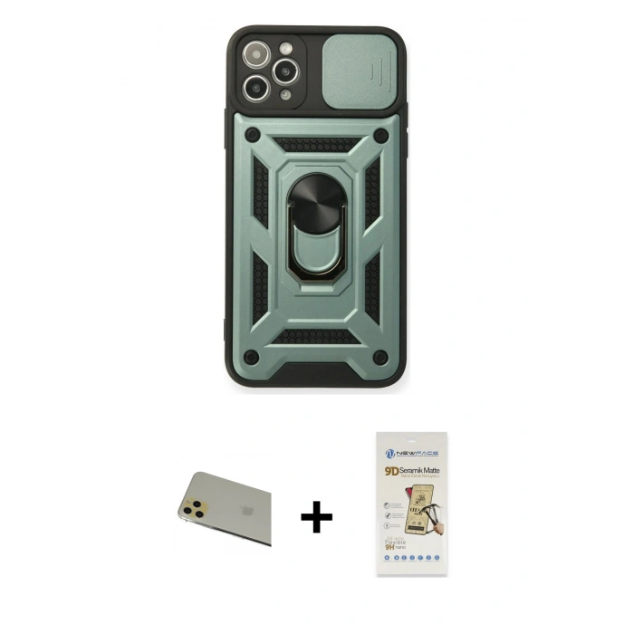 MARSİLYAN™- iPhone 11 Pro Max Kılıf Ahenk Klasik - Siyah Mat Seramik Nano Ekran Koruyucu + Rainbow Kamera Lens Koruma Cam - GD
