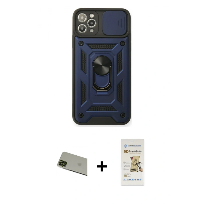 MARSİLYAN™- iPhone 11 Pro Max Kılıf Ahenk Klasik - Siyah Mat Seramik Nano Ekran Koruyucu + Rainbow Kamera Lens Koruma Cam - YL