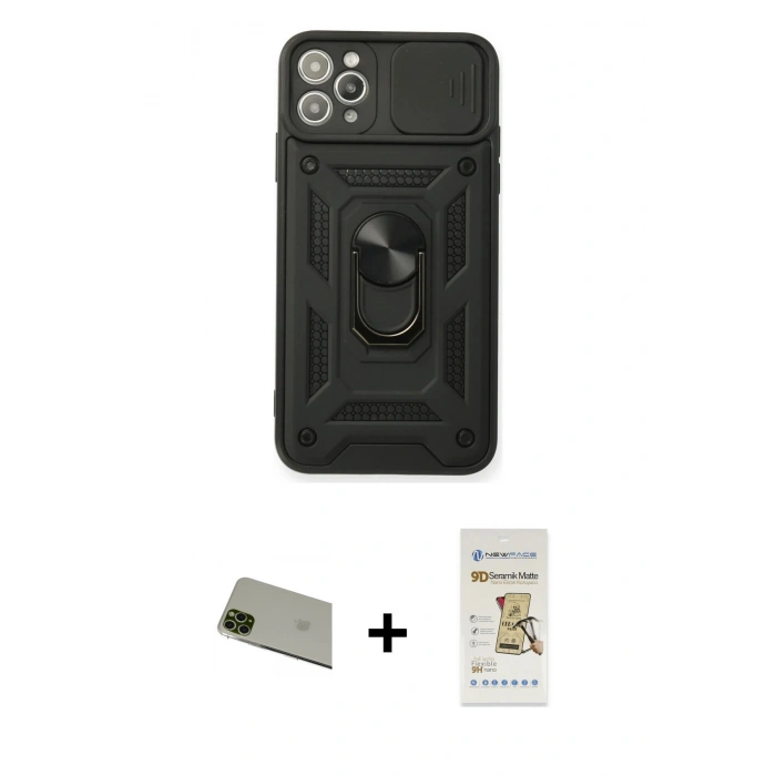 MARSİLYAN™- iPhone 11 Pro Max Kılıf Ahenk Klasik - Siyah Mat Seramik Nano Ekran Koruyucu + Rainbow Kamera Lens Koruma Cam - YL