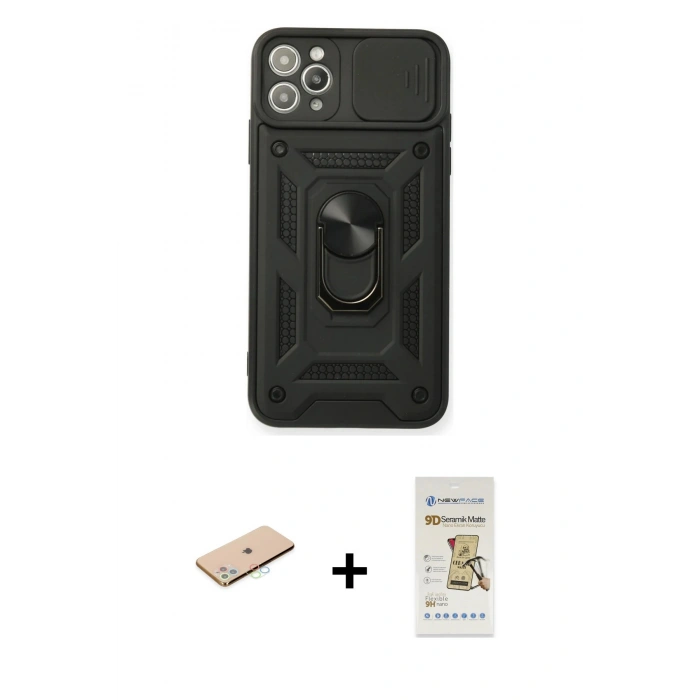 MARSİLYAN™- iPhone 11 Pro Max Kılıf Ahenk Klasik - Siyah Mat Seramik Nano Ekran Koruyucu + Renkli Kamera Lens Koruma Cam - MI