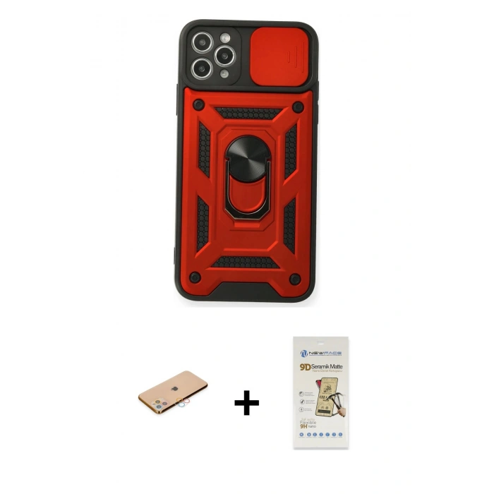 MARSİLYAN™- iPhone 11 Pro Max Kılıf Ahenk Klasik - Siyah Mat Seramik Nano Ekran Koruyucu + Renkli Kamera Lens Koruma Cam - PE