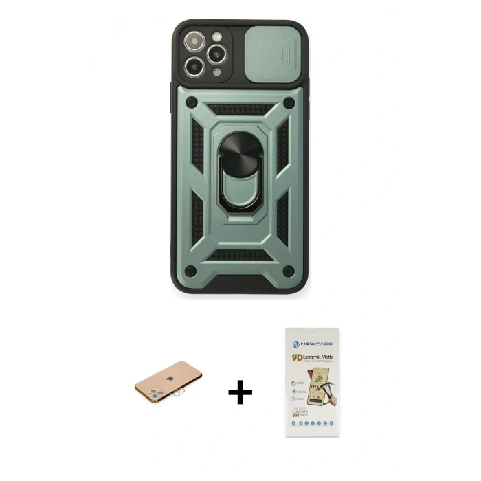 MARSİLYAN™- iPhone 11 Pro Max Kılıf Ahenk Klasik - Siyah Mat Seramik Nano Ekran Koruyucu + Renkli Kamera Lens Koruma Cam - PE