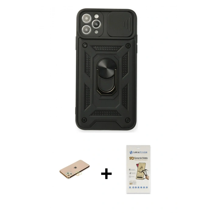 MARSİLYAN™- iPhone 11 Pro Max Kılıf Ahenk Klasik - Siyah Mat Seramik Nano Ekran Koruyucu + Renkli Kamera Lens Koruma Cam - SI