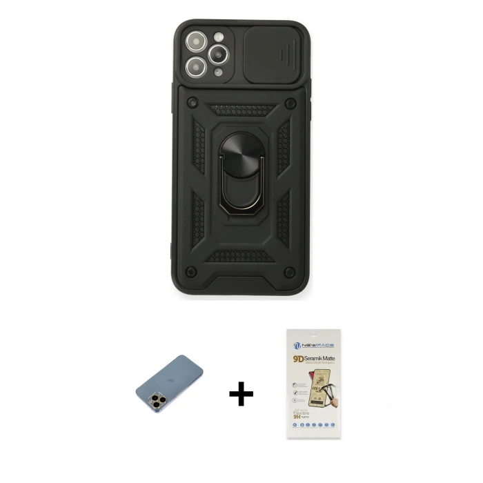 MARSİLYAN™- iPhone 11 Pro Max Kılıf Ahenk Klasik - Siyah Mat Seramik Nano Ekran Koruyucu + Shine Kamera Lens Koruma Cam - GD
