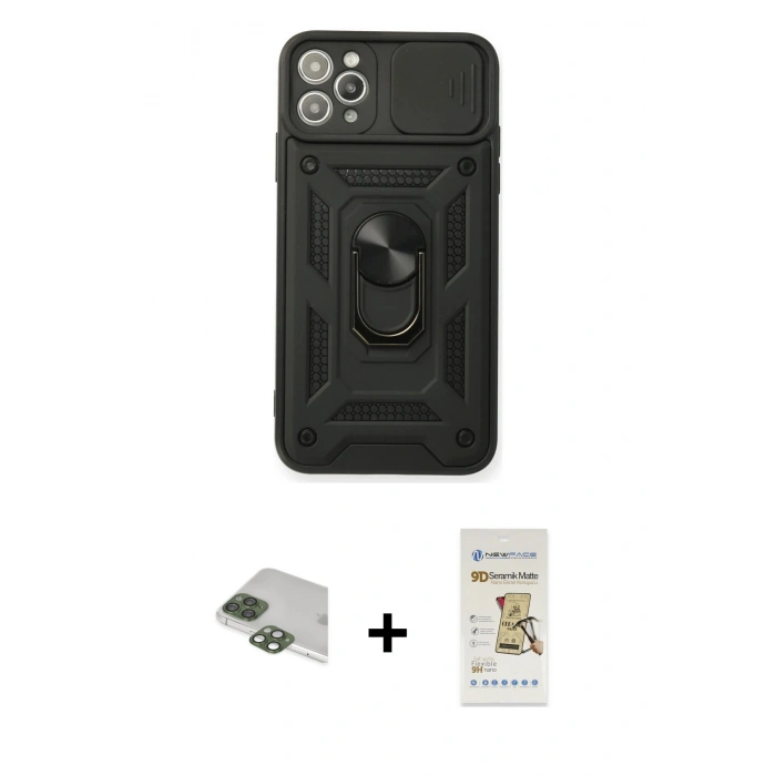 MARSİLYAN™- iPhone 11 Pro Max Kılıf Ahenk Klasik - Siyah Mat Seramik Nano Ekran Koruyucu + Yeşil Pers Alüminyum Kamera Lens