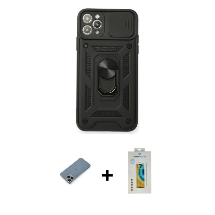 MARSİLYAN™- iPhone 11 Pro Max Kılıf Ahenk Klasik - Siyah Polymer Nano Ekran Koruyucu + Metal Kamera Lens Koruma Cam - GD