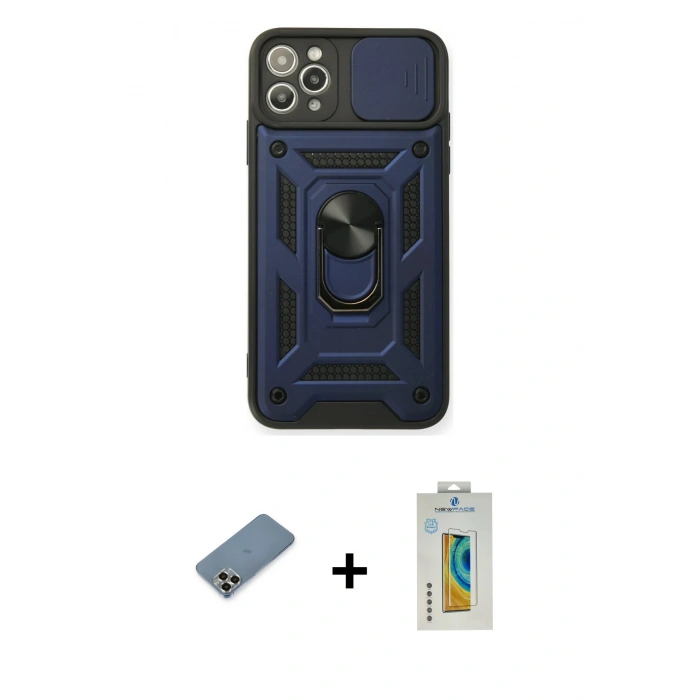 MARSİLYAN™- iPhone 11 Pro Max Kılıf Ahenk Klasik - Siyah Polymer Nano Ekran Koruyucu + Metal Kamera Lens Koruma Cam - GD