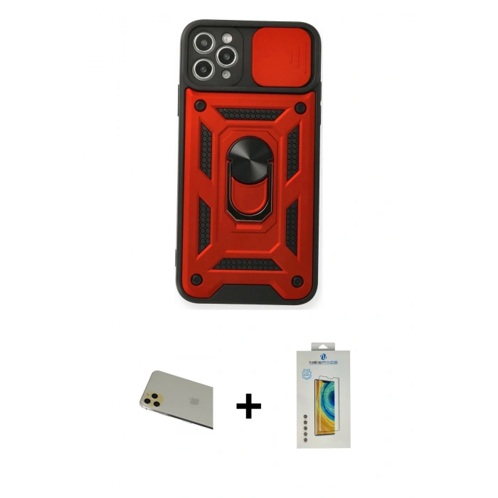 MARSİLYAN™- iPhone 11 Pro Max Kılıf Ahenk Klasik - Siyah Polymer Nano Ekran Koruyucu + Rainbow Kamera Lens Koruma Cam - GD
