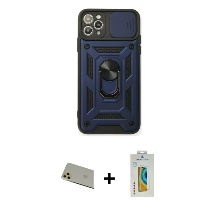MARSİLYAN™- iPhone 11 Pro Max Kılıf Ahenk Klasik - Siyah Polymer Nano Ekran Koruyucu + Rainbow Kamera Lens Koruma Cam - GD