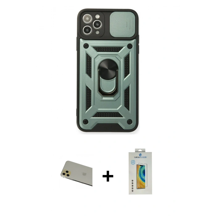 MARSİLYAN™- iPhone 11 Pro Max Kılıf Ahenk Klasik - Siyah Polymer Nano Ekran Koruyucu + Rainbow Kamera Lens Koruma Cam - GD