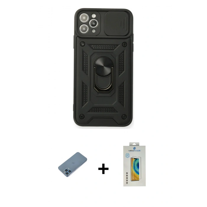 MARSİLYAN™- iPhone 11 Pro Max Kılıf Ahenk Klasik - Siyah Polymer Nano Ekran Koruyucu + Shine Kamera Lens Koruma Cam - MI