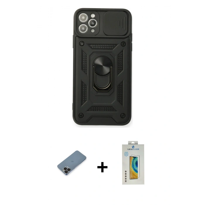 MARSİLYAN™- iPhone 11 Pro Max Kılıf Ahenk Klasik - Siyah Polymer Nano Ekran Koruyucu + Metal Kamera Lens Koruma Cam - SH