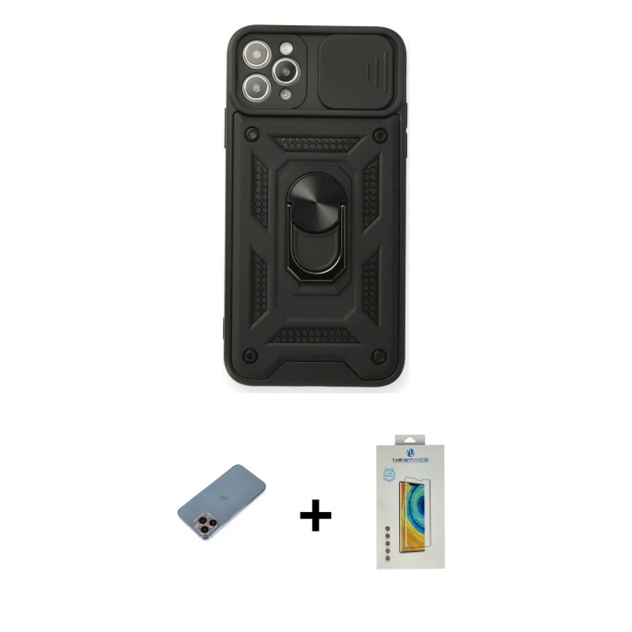 MARSİLYAN™- iPhone 11 Pro Max Kılıf Ahenk Klasik - Siyah Polymer Nano Ekran Koruyucu + Shine Kamera Lens Koruma Cam - PE