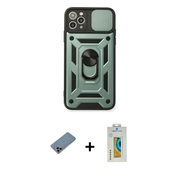 MARSİLYAN™- iPhone 11 Pro Max Kılıf Ahenk Klasik - Siyah Polymer Nano Ekran Koruyucu + Shine Kamera Lens Koruma Cam - PE