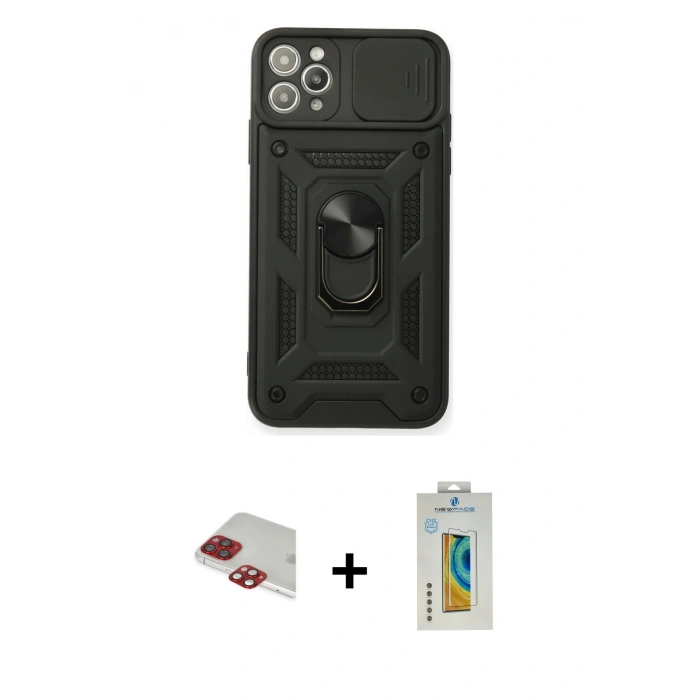 MARSİLYAN™- iPhone 11 Pro Max Kılıf Ahenk Klasik - Siyah Polymer Nano Ekran Koruyucu + Pers Alüminyum Kamera Lens - KI