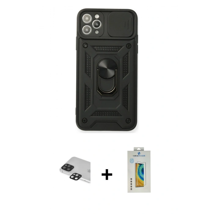 MARSİLYAN™- iPhone 11 Pro Max Kılıf Ahenk Klasik - Siyah Polymer Nano Ekran Koruyucu + Pers Alüminyum Kamera Lens - SH