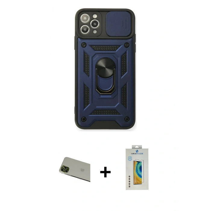 MARSİLYAN™- iPhone 11 Pro Max Kılıf Ahenk Klasik - Siyah Polymer Nano Ekran Koruyucu + Rainbow Kamera Lens Koruma Cam - YL