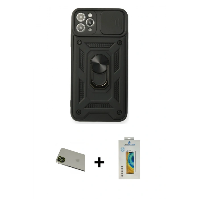 MARSİLYAN™- iPhone 11 Pro Max Kılıf Ahenk Klasik - Siyah Polymer Nano Ekran Koruyucu + Rainbow Kamera Lens Koruma Cam - YL