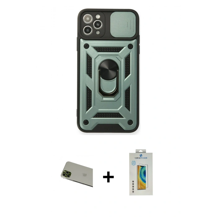 MARSİLYAN™- iPhone 11 Pro Max Kılıf Ahenk Klasik - Siyah Polymer Nano Ekran Koruyucu + Rainbow Kamera Lens Koruma Cam - YL